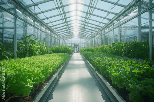 A greenhouse filled with plants including lettuce and greens
