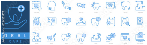 ORAL CARE ICON SET with dental checkup, wisdom tooth, bacteria, wisdom tooth, toothache, x ray, clean tooth, dental cleaning, dental care and tooth extraction