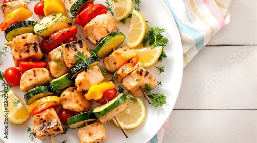 Grillet Laksespyd (Grilled Salmon Skewers) with Vegetables and Lemon Slices [Norwegian Cuisine] photo