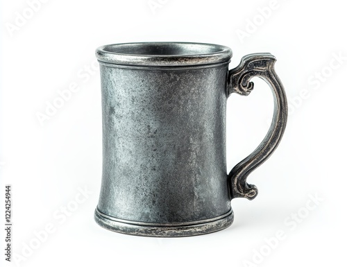 Antique pewter tankard mug with ornate handle, isolated on white.