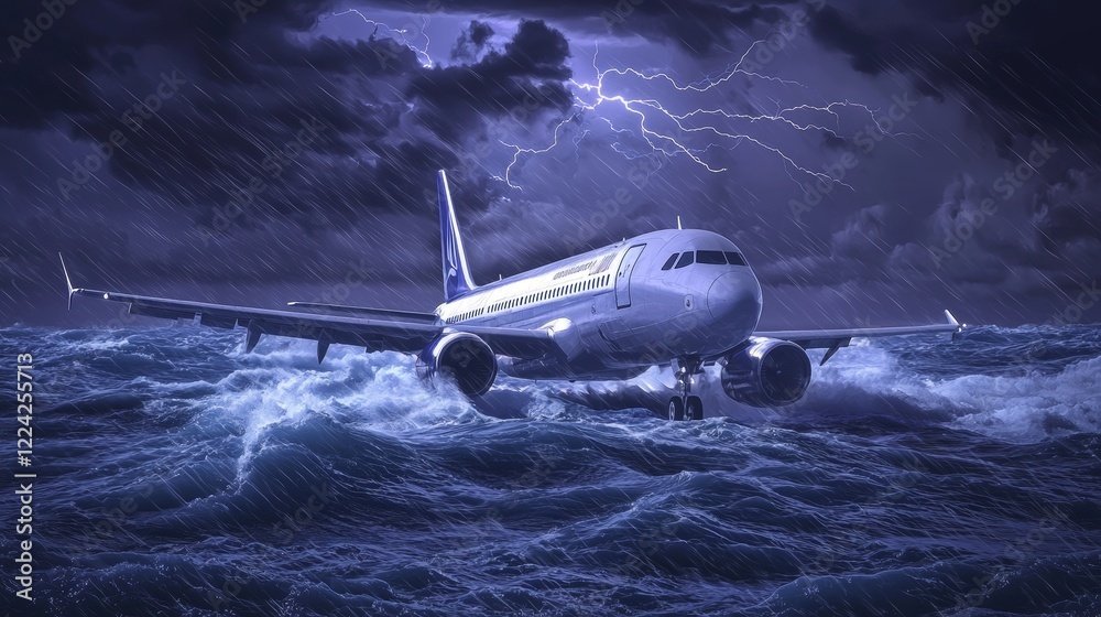 Fototapeta premium Airplane encounters severe storm over turbulent ocean at night with lightning strikes illuminating the sky