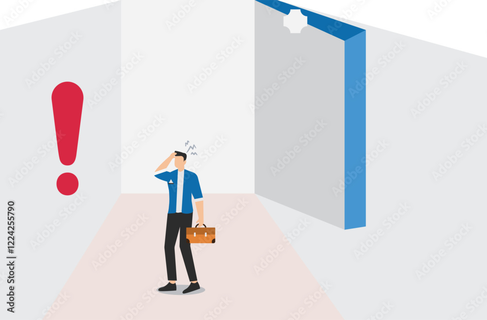 Fototapeta premium Problem solving, solution or strategy. Businessman with exclamation mark on wall