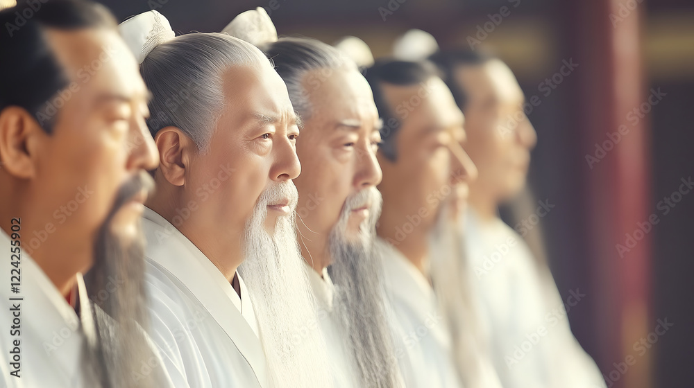 Obraz premium Wise Elderly Men in Traditional Chinese Attire with Focused Expressions in Historical Setting : Generative AI