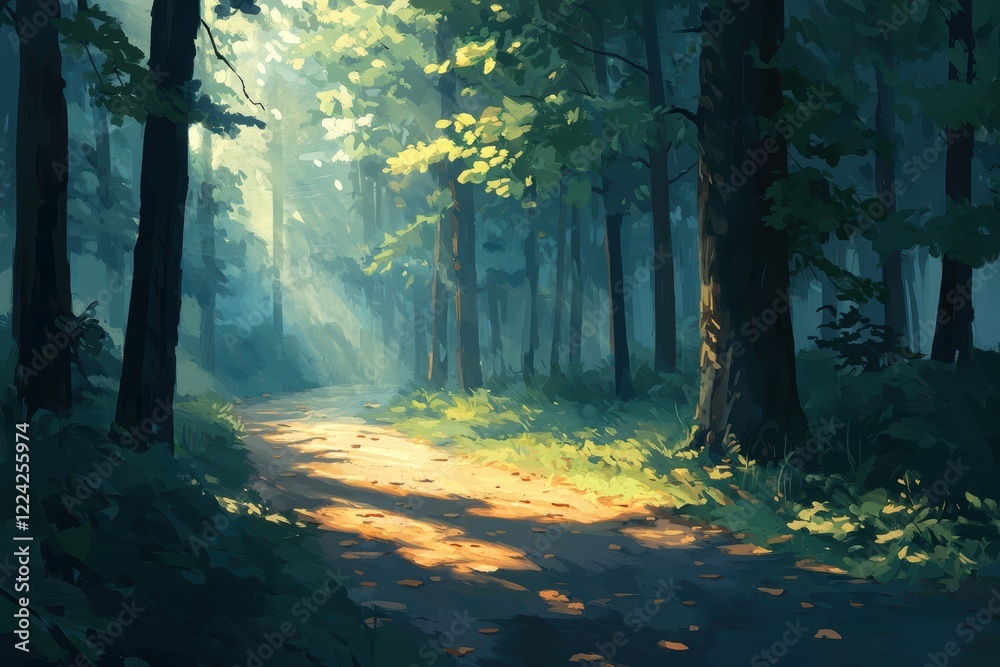 Fototapeta premium Sunlit Forest Path A Tranquil Digital Landscape