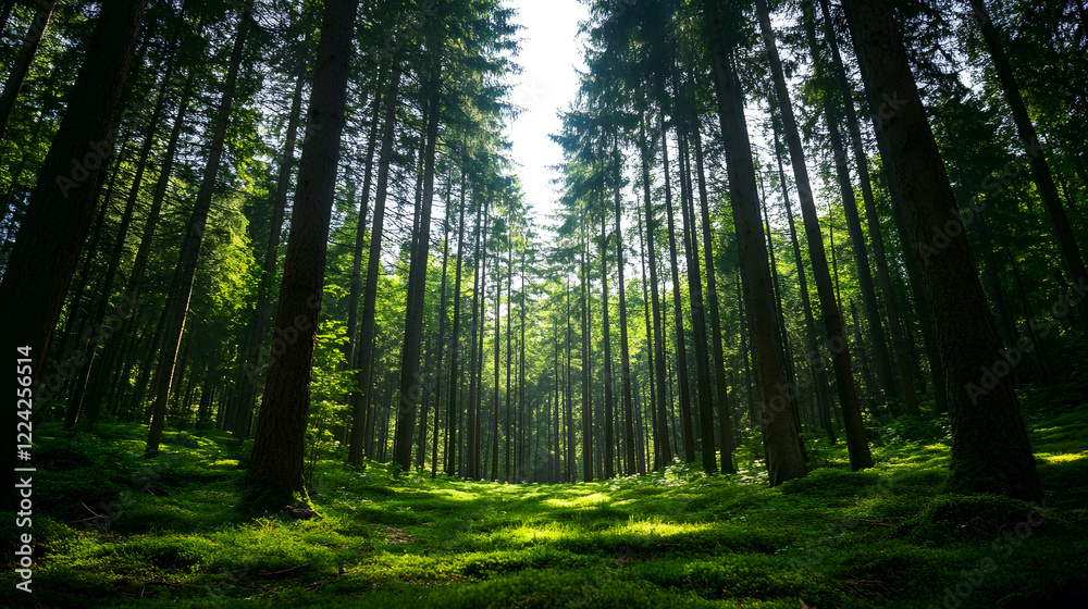 Fototapeta premium Majestic Coniferous Forest with Sunlight Filtering Through Tall Trees : Generative AI