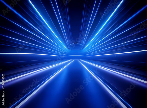 Abstract digital art depicting a futuristic, high-speed tunnel. Glowing blue and white light streaks radiate from a central point, creating a sense of motion and depth. The dark background enhances th