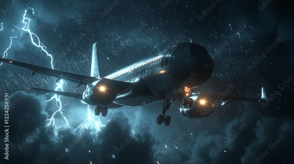 Fototapeta premium Dramatic stormy night flight over a turbulent sky with lightning and heavy rain