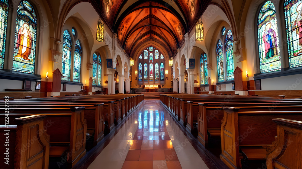 Obraz premium Majestic Gothic Cathedral Interior with Stained Glass Windows and Wooden Pews : Generative AI