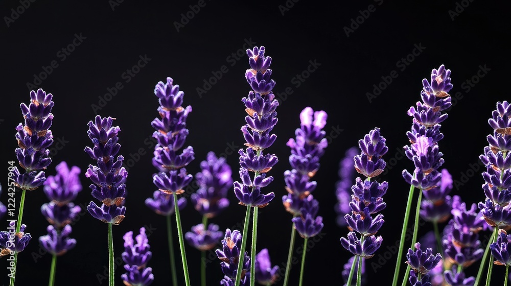 Obraz premium Elegant lavender flowers glowing softly against a rich black backdrop