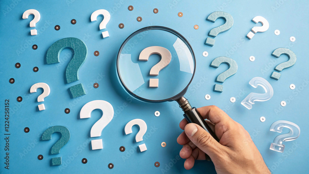 magnifying glass zooms in on a question mark, surrounded by numerous Question Mark and Root Cause Analysis Concept other question marks on a blue backdrop.
