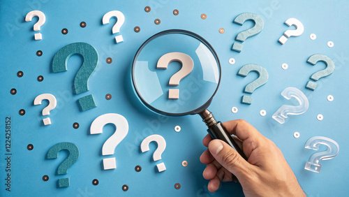 magnifying glass zooms in on a question mark, surrounded by numerous Question Mark and Root Cause Analysis Concept other question marks on a blue backdrop.