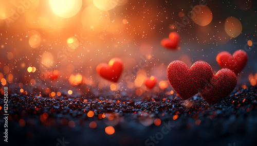 Romantic Valentine’s Day Background with Glittering Red Hearts and Warm Golden Glow, Perfect for Festive and Love-Themed Projects