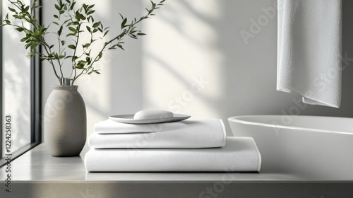 Freshly laundered white bedding sheets arranged tidily on a sleek bathroom table, adding a touch of cleanliness and simplicity photo