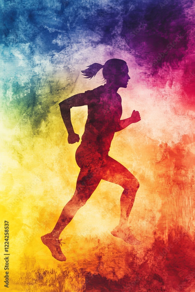Dynamic Female Runner Silhouette on Vibrant Colorful Background Dynamic Female Runner Silhouette on Vibrant Colorful Background