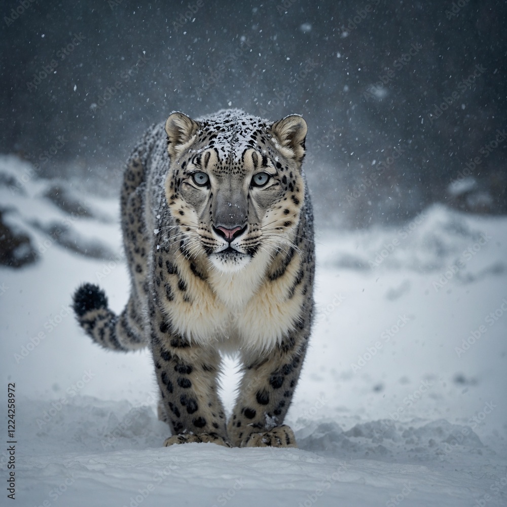 Obraz premium A snow leopard walking into a blizzard, disappearing into the storm.