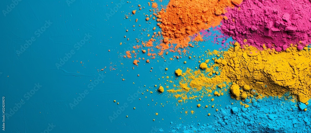 Fototapeta premium Vibrant colorful powders scattered on a blue background, showcasing a blend of pink, orange, yellow, and blue hues for artistic inspiration.