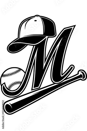 Baseball Icon with Letter M Design, Black and white sports-themed graphic featuring a baseball bat, ball, cap, and bold letter "M" in a stylish, decorative design on a white background.  
  

