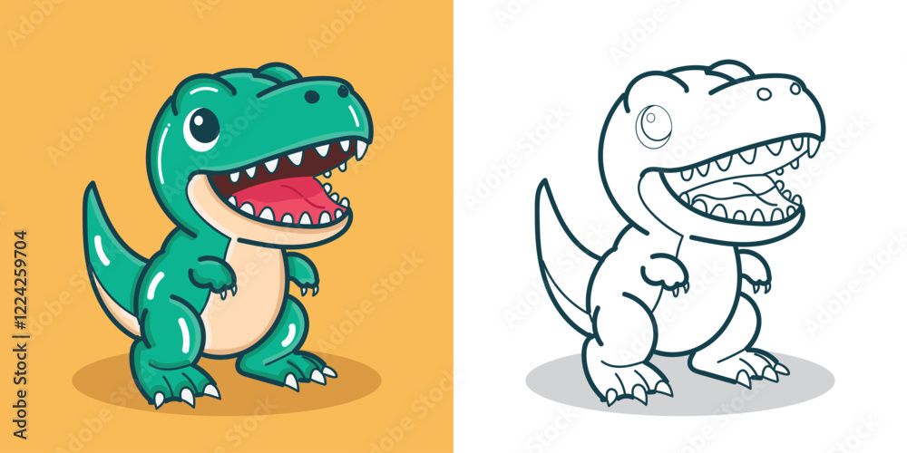 Obraz premium A cute green T-rex illustration for a sticker, design element, or coloring book element