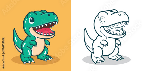 A cute green T-rex illustration for a sticker, design element, or coloring book element