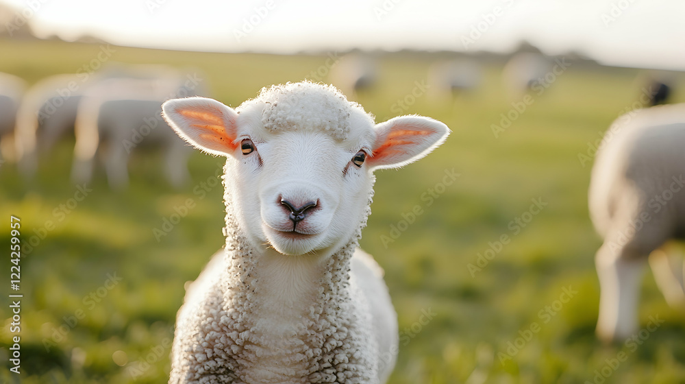 Fototapeta premium Curious Lamb with Soft Wool in Serene Pastoral Landscape
