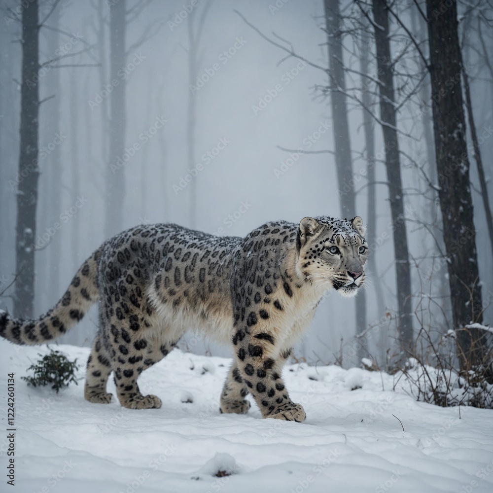 Obraz premium A snow leopard moving through dense fog in a snowy forest.l