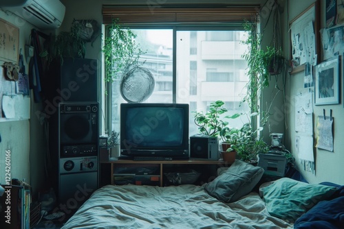Beautiful Lofi Room with Chill, Atmospheric Background in Lo-Fi, Anime and Manga Style.