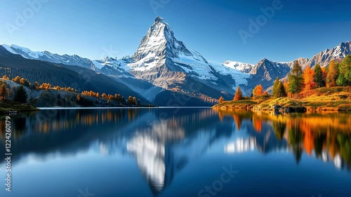 A breathtaking autumn landscape showcasing the stunning Matterhorns reflection in the serene, tranquil waters photo