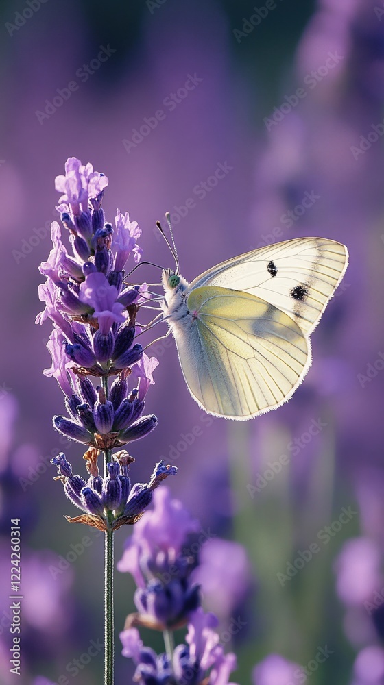 Naklejka premium White butterfly rests on purple lavender flower in a field of lavender in soft light