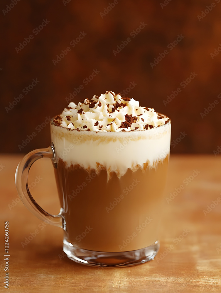 Perfectly prepared espresso topped with whipped cream in a glass mug on warm rustic background : Generative AI Perfectly prepared espresso topped with whipped cream in a glass mug on warm rustic background : Generative AI