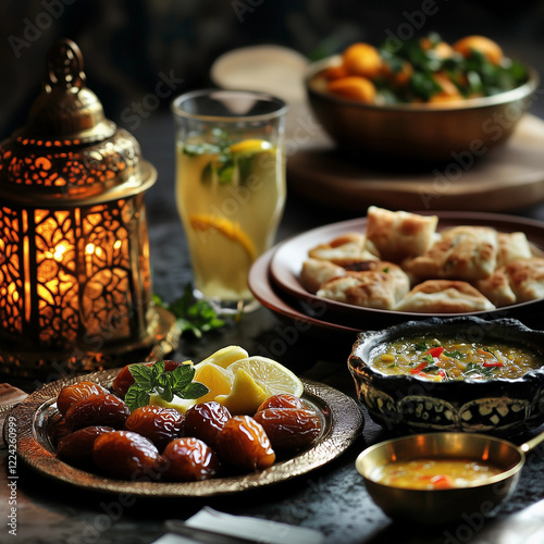 Ramadan iftar dinner at a restaurant. Breaking fast. Traditional muslim gathering sharing food photo