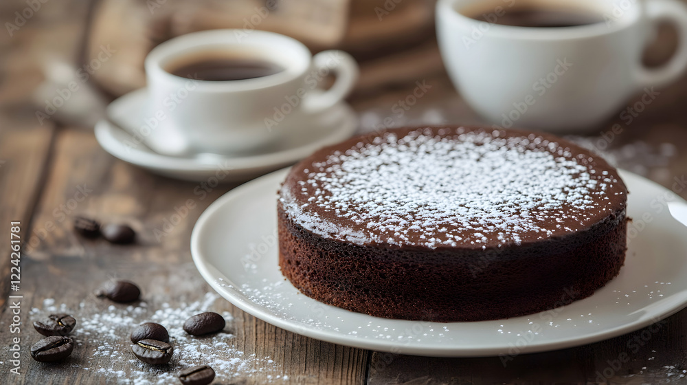 Delicious Chocolate Cake on a Rustic Wooden Table with Coffee Delicious Chocolate Cake on a Rustic Wooden Table with Coffee