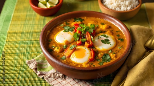 Moqueca de Ovo (Egg Stew) garnished with cilantro and red peppers in a clay bowl (Bahian Cuisine) photo