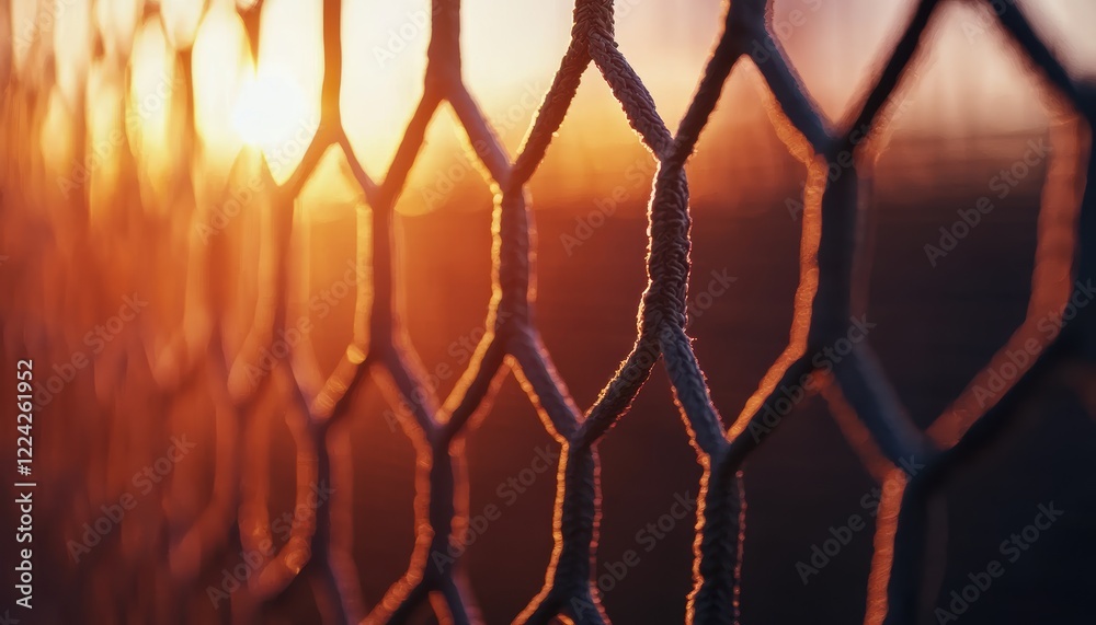 Fototapeta premium Warm Golden Sunset Through a Wire Mesh Fence