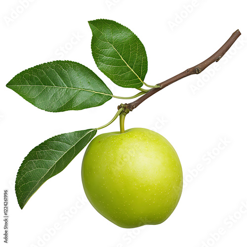 Single green apple on branch with leaves photo