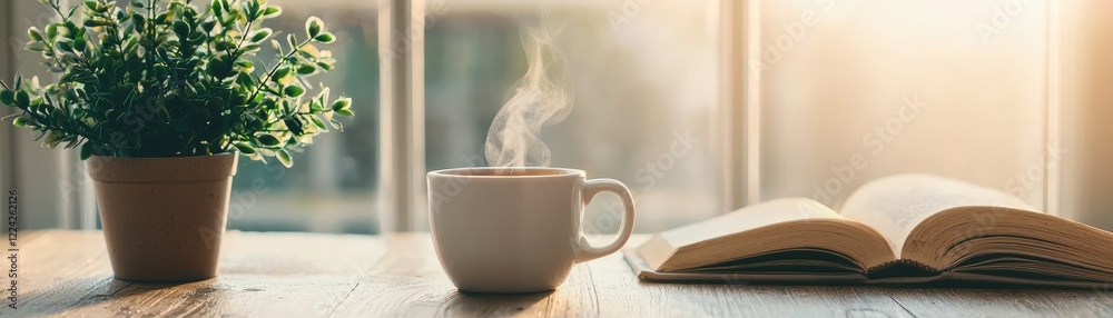 Warm Morning Coffee with an Open Book and Greenery near a Window Warm Morning Coffee with an Open Book and Greenery near a Window