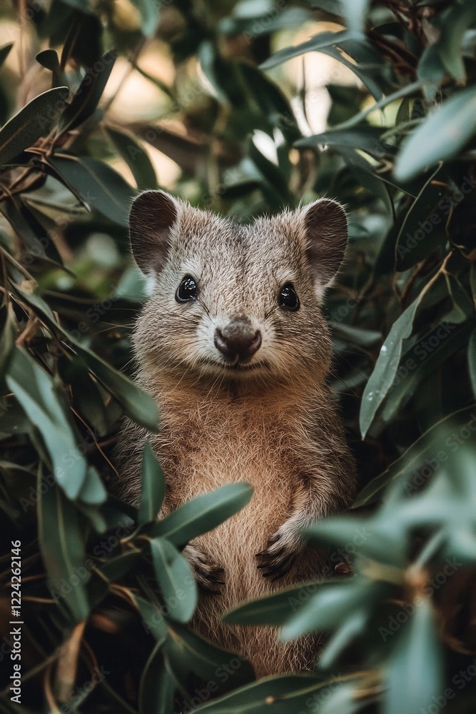 Obraz premium Close up portrait of a rock hyrax in a natural habitat surrounded by green leaves and branches