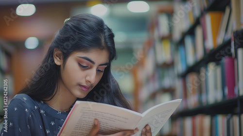 
Serious Indian student working on research paper in library, reading essay, document. Focused young business woman reading investment agreement terms at laptop, financial reviewing 