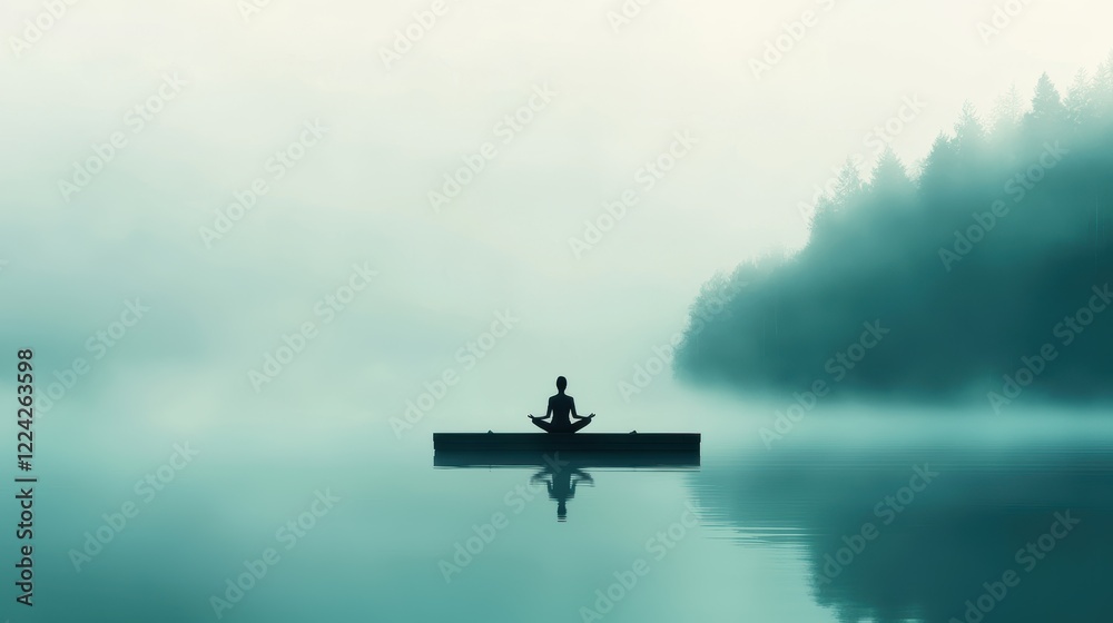 Naklejka premium Woman Meditating by Calm Lake on Misty Morning
