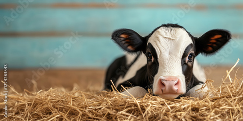 Holstein calf laying in hay looking at camera. Farm animals and dairy industry content photo