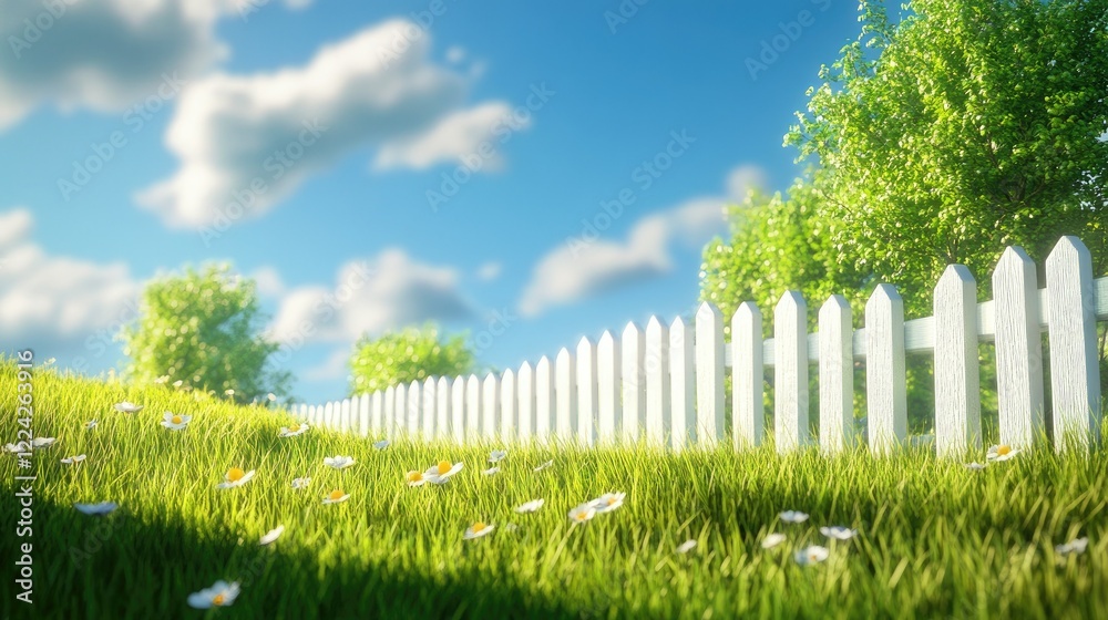 Fototapeta premium The vibrant green grass and a classic white fence stand out vividly under the bright and sunny blue sky