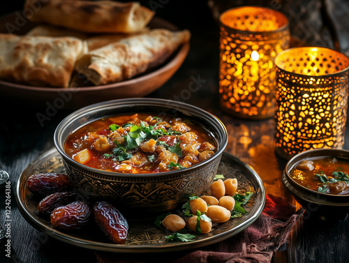 Ramadan iftar dinner at a restaurant. Breaking fast. Traditional muslim gathering sharing food photo