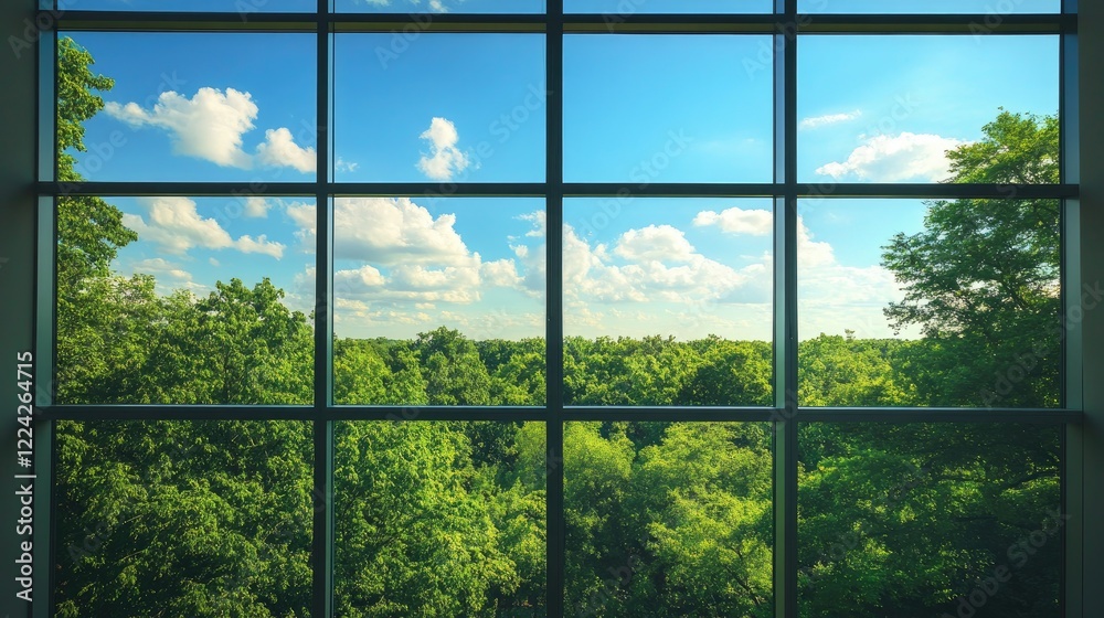 Fototapeta premium Through the wide glass apartment window, a lush green forest meets the horizon under a calm, bright blue sky