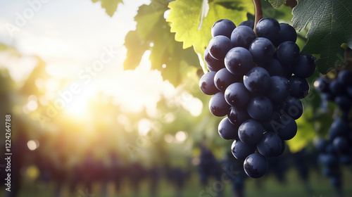 Purple grape cluster on vine with blurred vineyard background. Agriculture and wine themes