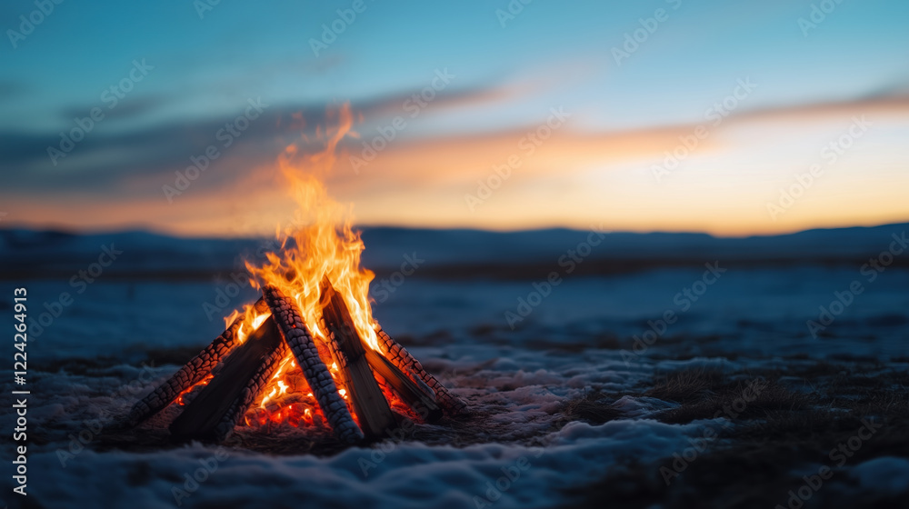 Fototapeta premium Burning campfire surrounded by snow under colorful sunset sky. Outdoor and travel themes