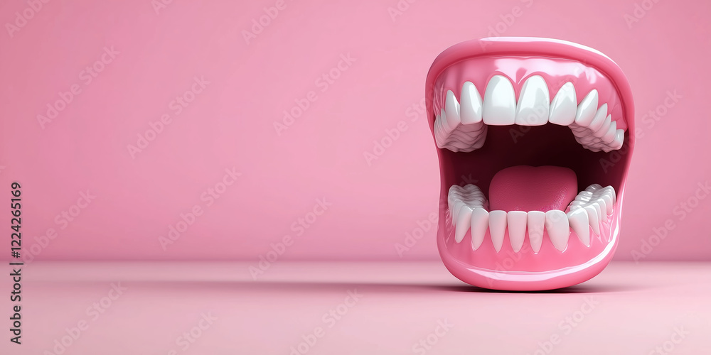 Naklejka premium Open mouth teeth model on pink background. Dental and medical advertising