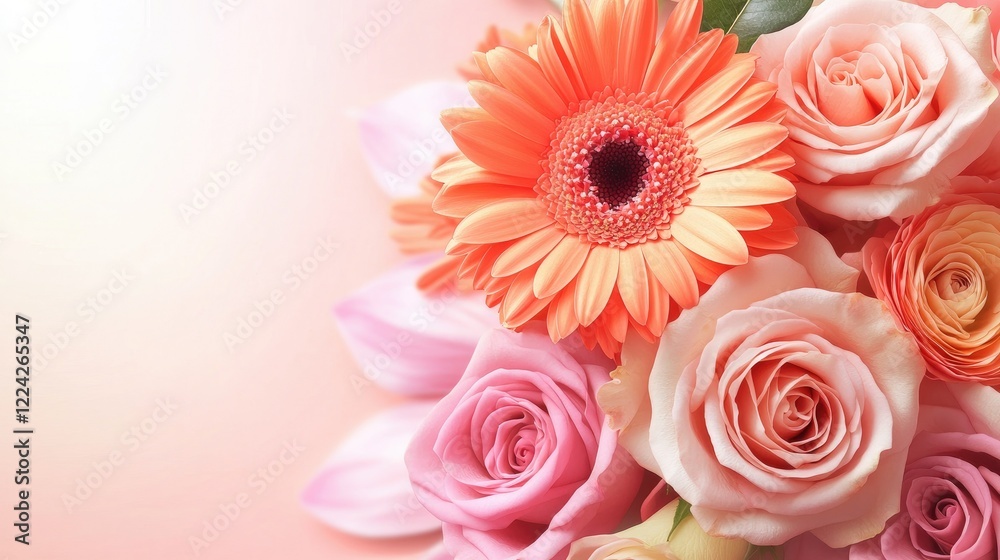 Fototapeta premium Vibrant 2025 design with bright gerbera daisies and roses, set against a soft pastel gradient background