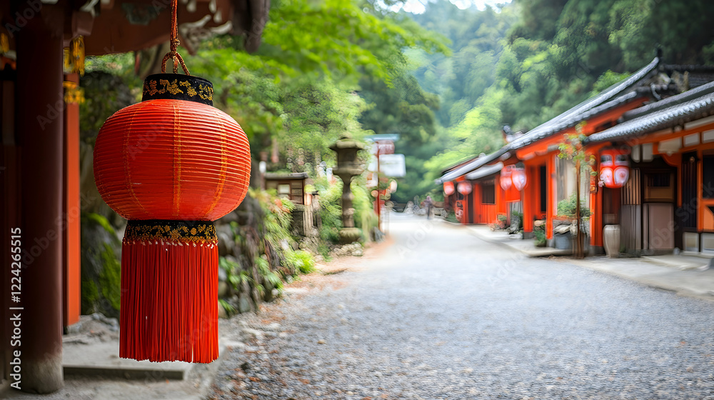 Traditional Red Lantern in Serene Pathway Surrounded by Nature Traditional Red Lantern in Serene Pathway Surrounded by Nature