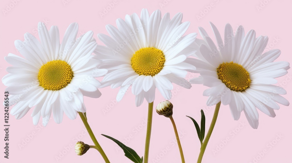 Fototapeta premium White daisies arranged symmetrically on a solid pink background, emphasizing simplicity and beauty