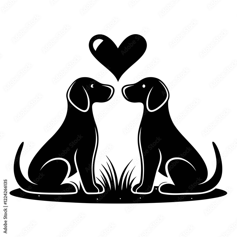 Obraz premium Silhouette of Puppy Love Two Dogs with Heart Above for Valentine's Day