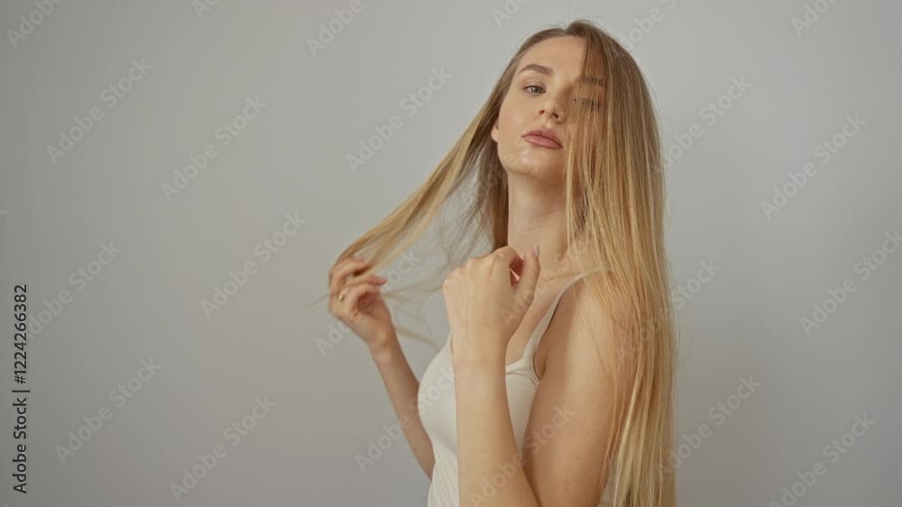 Woman brushing hair with hands on isolated white background, showcasing beauty and elegance of youthful attractive blonde female in serene indoor setting. Woman brushing hair with hands on isolated white background, showcasing beauty and elegance of youthful attractive blonde female in serene indoor setting.